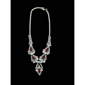 Vintage Clear Rhinestone Necklace Deep Red Teardrop Glass Silver Tone Statement